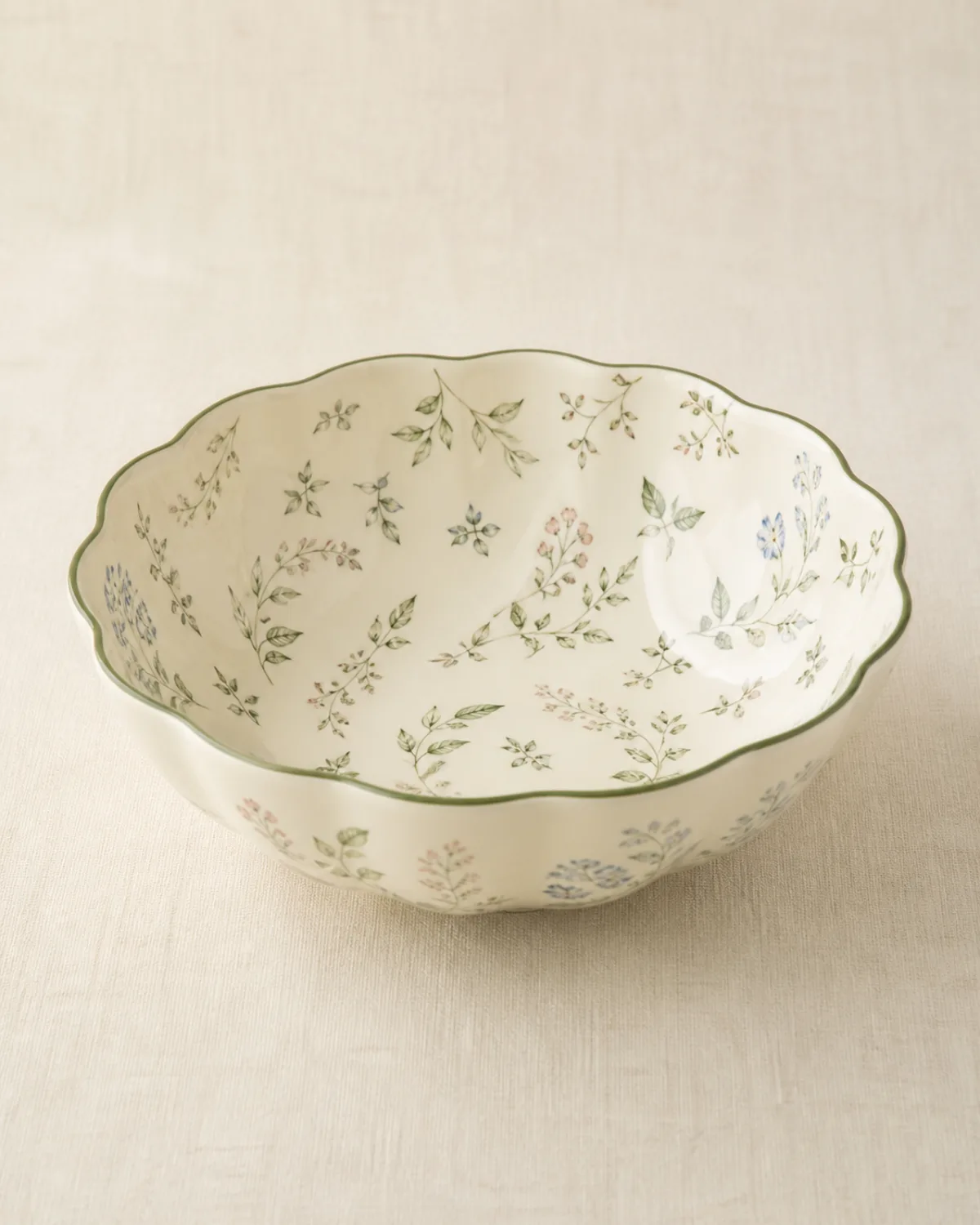 English Garden Pasta Bowl on warm ivory linen