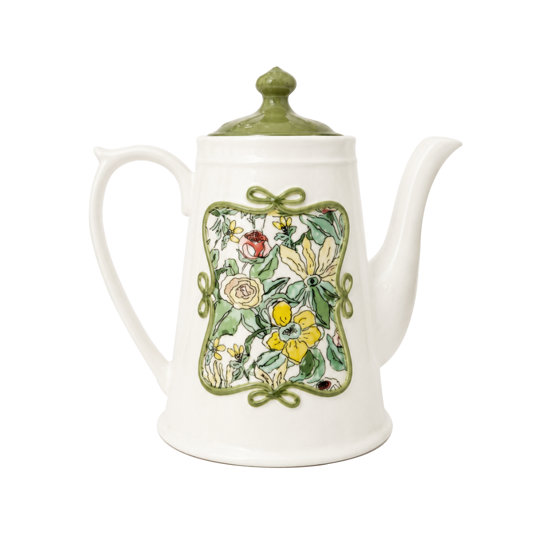 Terracera English Garden Floral ceramic coffee pot, front view